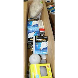 BOX OF LIGHT BULBS ASSORTED AND MOSTLY NEW