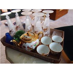 Box Full Of Glassware, Teapot, Tea Cups, Champagne Glasses, Etc.
