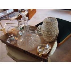 Box Full Of Glass Paperweights, Decanter, Etc.