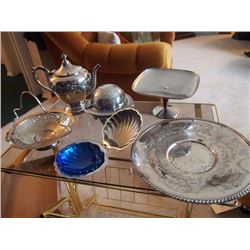 Silver Plated Items (6) Dishes, Kettle, Ashtray, Etc.