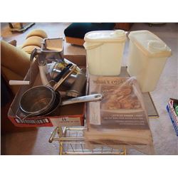 Box Full Of Pots, Containers, Sausage Maker, Misc. Kitchen Items