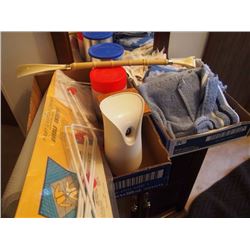 Two Boxes of Misc., Dish Cloths Buttons, Back Scratcher