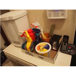 Box of Cleaning Supplies, Wastebasket, Many Phones and Chargers