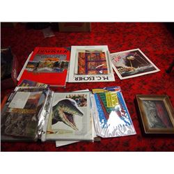 Assorted Print Items: Binder Full of Dinosaur Clippings, Dinosaur Poster, MC Escher, War Of The Worl