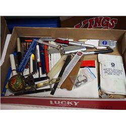 Box Full Of Garage Pens, Rulers, Etc., Lots Of Advertising