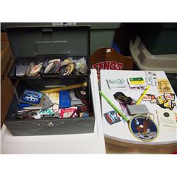 Cash Box Full Of Misc. Badges, Magnets, Pins, Etc.