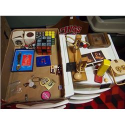 Box Full Of Desk Toys, Rubik's Cubes, Pins, Skill Tester