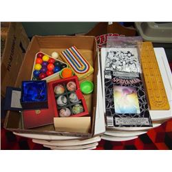 Box Full Of Desk Toys, Amazing Spiderman 30th Edition, Pool Balls, Cribbage, Fridge Magnets, Currenc