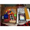 Image 1 : Box Full Of Desk Toys, Amazing Spiderman 30th Edition, Pool Balls, Cribbage, Fridge Magnets, Currenc