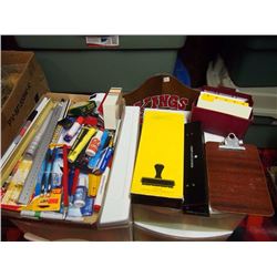 Box Full Of Office Supplies, Rulers, Pens, Pencils, Rulers, Rubber Stamp Kit, Hole Punch, Mini Clipb