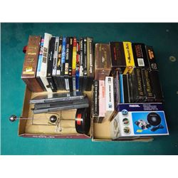 Box Full Of DVDS, VHS, CDS, Cassettes, Binocular, Desk Toy