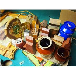 Box Full Of Grain Elevator Items, Coin Banks, Pen Holders, Trophy's, Paperweight