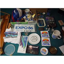Box Full Of Expo 86 Advertising Materials, VHS, Cups, Pins, Caps, Coffee Cups, License Plates