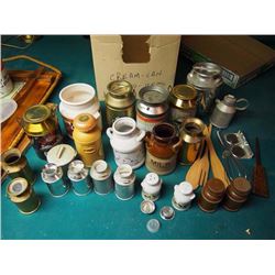 Box Full Of Cream Can Shaped Items, Salt And Peppers, Etc.