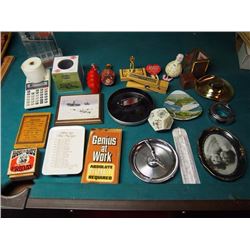 Box Full Of Office Items, Ashtrays, Plates, Calculator, Coin Roller,Etc