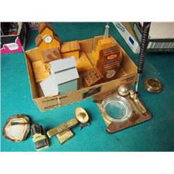 Box Full Of Grain Bin Shaped Items, Pencil Holders, Paper Weights, Trophy's, Plus Golf Ashtray, Etc.
