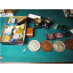 Box Full Of Misc. Hobby & Coin Collectibles, Molded Coins, Badges, Trophy's, Acrylic Paints, Etc.