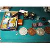 Image 1 : Box Full Of Misc. Hobby & Coin Collectibles, Molded Coins, Badges, Trophy's, Acrylic Paints, Etc.