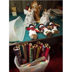 Box Full Of Christmas Decorations, Toppers, Snowman Decorations, Lots Of Wrapping Paper