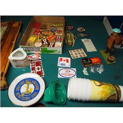 Box Full Of Misc. Items, BC Prince George Statue, Dinosaur Cups, Swiss Army Knife, Gulf Repair Tape,