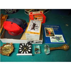 Box Full Of Misc. Items, Hats, RCMP, DeLaval Cream Separator Small ERTL Model, Postcard Book, Model 