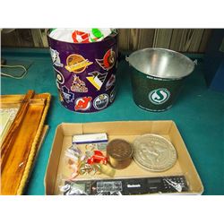 Box Full Of Advertising, Rider Bucket, NHL Bucket, Inflatable Items, Goodyear, Canuks Necklace, Budw