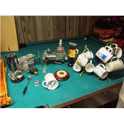 Box Full Of Mixology Items, Mugs, Cups, Decanters, Etc.