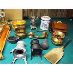 Box Full Of Metal Spittoons, Stove Models, Wooden Phone Replica, Mixology Kit