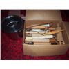 Image 1 : Box Full Of Wooden Rolling Pins And A Large Metal Pot
