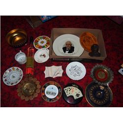 Box Full Of Decorative Plates, Winston Churchill Plate And Bust