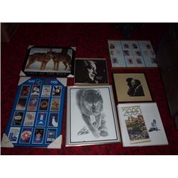 Lot Of Framed Wall Pieces, Olympics, Wolf, Millennium Starphoenix, Hockey Card