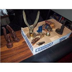 Box Full Of Desk Ornaments, Collectibles, Paper Weights