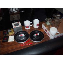 Box Full Of Renn Advertising Items, Ashtrays, Mugs, Zippo Measuring Tape