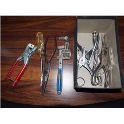 Box Full Of Tools Hole Punch, Vice Grips, Clamps Etc.