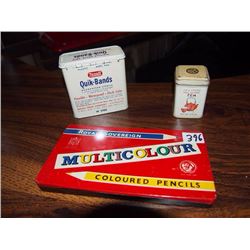 Lot Of Tins, Rexall Quik-Bands, Cha Ching Tea, Royal Sovereign Multicolour Coloured Pencils
