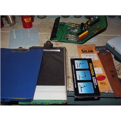 Box Of Misc. Items, Tools, Magnifier, Clipboards, Etc.