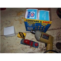 Box Of Clock Heater Timers, Black And Decker Drill, Plane