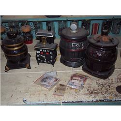 Stove Shaped Containers And Clock, Pins