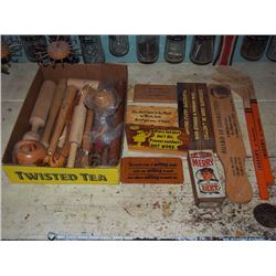 Box Full Of Wooden Items, Wall Pieces, Bats, Etc.