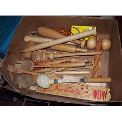 Box Full Of Wooden Items, Bats, Tools, Massage, Etc.