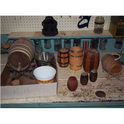 Box Full Of Keg Shaped Items, Salt And Pepper, Coin Banks Etc.