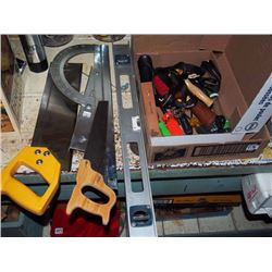 Box Full Of Tools, Saws, Level, Etc.