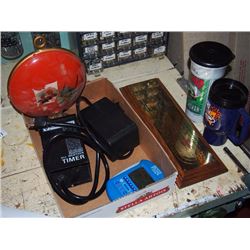 Box Full Of Misc., A&W Mug, Grey Cup Cup, Weather Timer, Cribbage Board