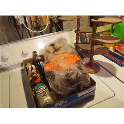 Box Of A&W Merchandise, Unique Root Beer Bottle And Can, Stuffed Animal Ornaments Plus Stands (2)