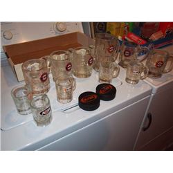 Box Full Of A&W Mugs, Hockey Pucks