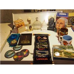 Box Full Of Items, President Washington Bust Aftershave, Winston Churchill Bust, Niagara Falls Merch