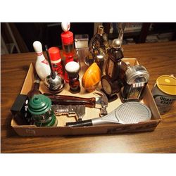 Box Full Of Avon Aftershave Products, Gas Can, Horse, Screwdriver