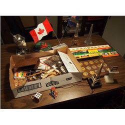 Box Full Of Misc. Items, Prime Minister Coins, Office Flags, Paris Aftershave, etc.