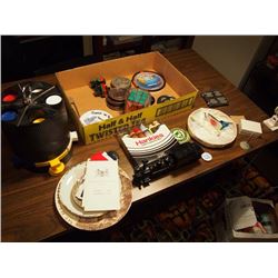 Box Full Of Misc. Items, Poker chip Counter, Men's Hankies, Renn Ash Trays, Etc.