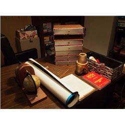 Box Full Of Stationary, Posters, Globe Bookend, Metal Drill Paperweights